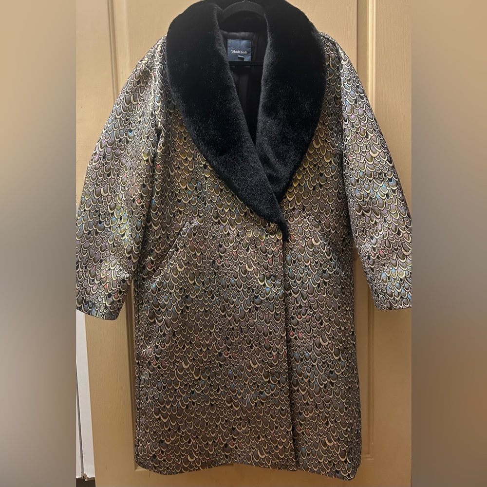 Modcloth Multicolor Peacock Brocade Coat with Black Faux Fur Collar